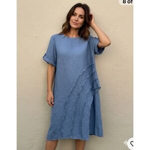 Blue Linen Dress Women's Large Asymmetrical Ruffle Hem Short Sleeve Midi